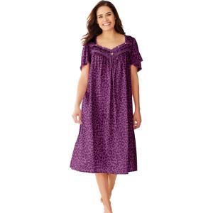 Only Necessities Plus Size Short Silky Lace-Trim Gown(Dark Berry Animal)