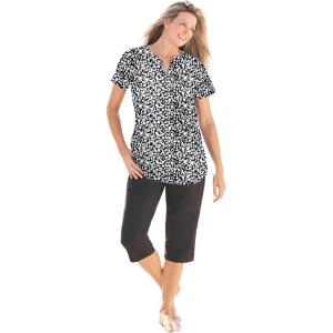 Swim 365 Women’s Plus Size Split-Neck Short Sleeve Swim Tee with Built-in Bra(Black White Abstract)