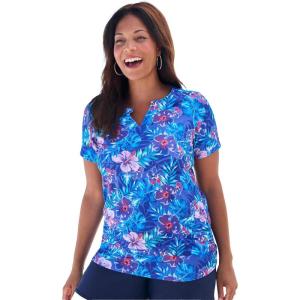 Swim 365 Women’s Plus Size Split-Neck Short Sleeve Swim Tee with Built-in Bra(Electric Iris Hibiscus)
