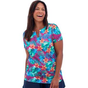 Swim 365 Women’s Plus Size Split-Neck Short Sleeve Swim Tee with Built-in Bra(Hula Palm)