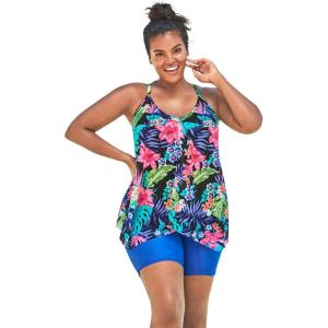 Swimsuits For All Swim 365 Women’s Plus Size Longer-Length Mesh Tankini Top(Black Tropical Floral)