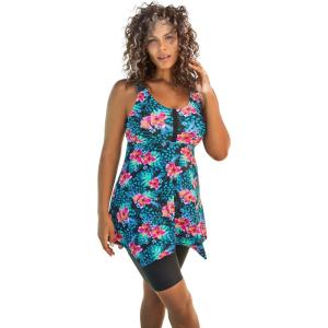 Swimsuits For All Swim 365 Women’s Plus Size Longer-Length Tankini Top(Trop Animal Turq)