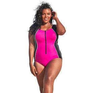 Swimsuits For All Women’s Chlorine Resistant Zip Front One Piece Swimsuit (Plus(Fuchsia White Black)