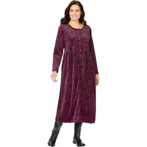 Woman Within Plus Size 21-Button Velour Dress(Deep Claret Floral Paisley)