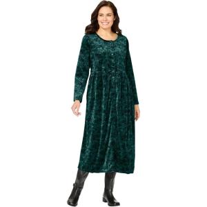 Woman Within Plus Size 21-Button Velour Dress(Emerald Green Floral Paisley)