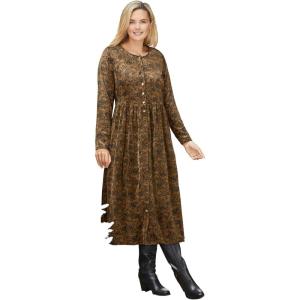 Woman Within Plus Size 21-Button Velour Dress(Toffee Floral Paisley)