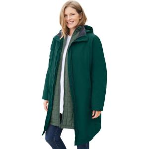 Woman Within Plus Size 3-In-1 Hooded Taslon Jacket(Emerald Green Pine)