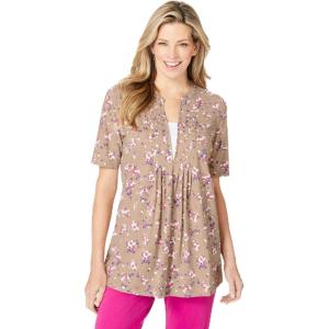 Woman Within Plus Size 7-Day Layer-Look Elbow-Sleeve Tee(New Khaki Ditsy Bouquet)