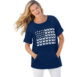 Woman Within Plus Size Americana Kangaroo Pocket Tee(Evening Blue Butterfly Flag)