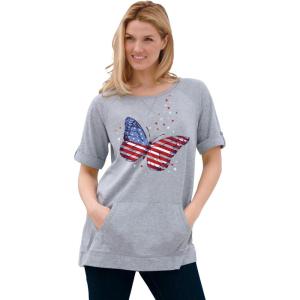 Woman Within Plus Size Americana Kangaroo Pocket Tee(Heather Grey Americana Butterfly)