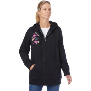 Woman Within Plus Size Better Fleece Zip-Front Hoodie Long Oversized Sweatshirt(Black Floral Embroidery)