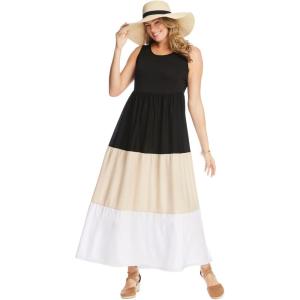 Woman Within Plus Size Colorblock Tiered Dress(Black Colorblock)