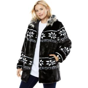 Woman Within Plus Size Faux Fur Snowflake Print Hooded Jacket(Black Snowflake Fair Isle)
