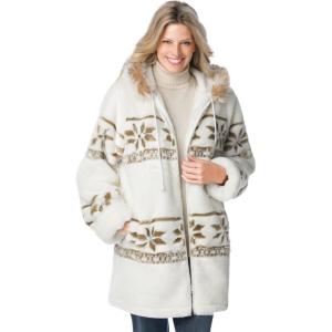 Woman Within Plus Size Faux Fur Snowflake Print Hooded Jacket(Ivory Snowflake Fair Isle)