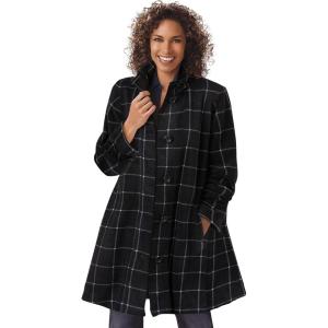 Woman Within Plus Size Fleece Swing Funnel-Neck Coat(Black Windowpane Plaid)