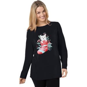 Woman Within Plus Size Holiday Graphic Tee(Black Cat Stocking)