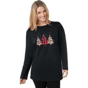 Woman Within Plus Size Holiday Graphic Tee(Black Holiday Trees)