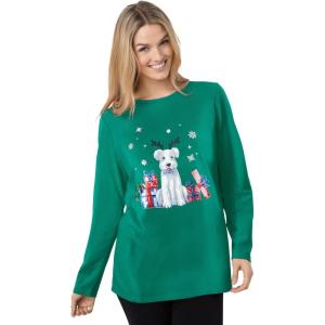Woman Within Plus Size Holiday Graphic Tee(Emerald Christmas Dog)
