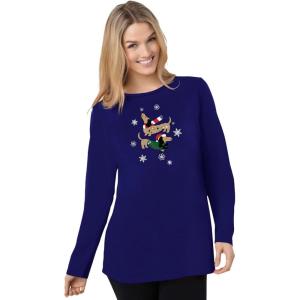 Woman Within Plus Size Holiday Graphic Tee(Navy Snow Dogs)
