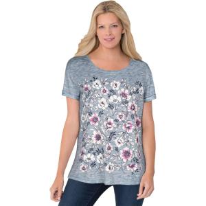 Woman Within Plus Size Marled Cuffed-Sleeve Tee(Navy Pink Floral Placement)