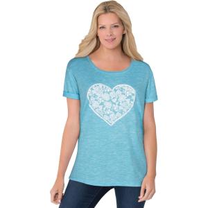 Woman Within Plus Size Marled Cuffed-Sleeve Tee(Paradise Blue Heart Placement)