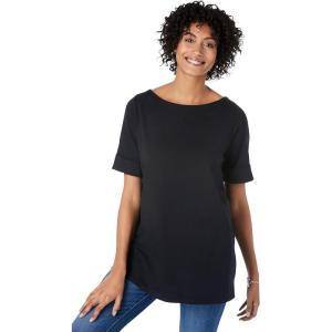 Woman Within Plus Size Perfect Cuffed Elbow-Sleeve Boat-Neck Tee(Black)