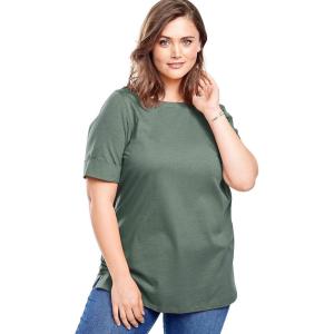 Woman Within Plus Size Perfect Cuffed Elbow-Sleeve Boat-Neck Tee(Pine)