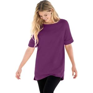 Woman Within Plus Size Perfect Cuffed Elbow-Sleeve Boat-Neck Tee(Plum Purple)