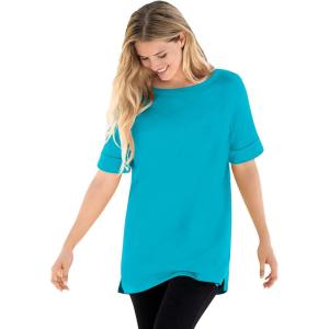 Woman Within Plus Size Perfect Cuffed Elbow-Sleeve Boat-Neck Tee(Pretty Turquoise)