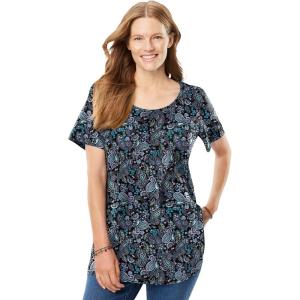 Woman Within Plus Size Perfect Printed Short-Sleeve Scoopneck Tee(Black Paisley)