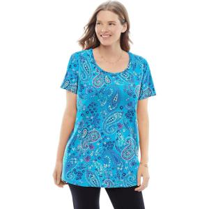 Woman Within Plus Size Perfect Printed Short-Sleeve Scoopneck Tee(Pretty Turquoise Paisley)