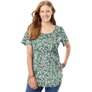 Woman Within Plus Size Perfect Printed Short-Sleeve Scoopneck Tee(Sage Blossom Vine)