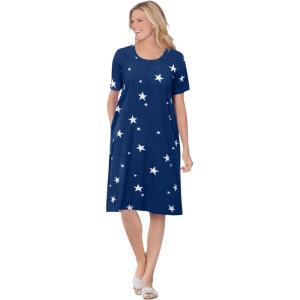 Woman Within Plus Size Perfect Short-Sleeve Crewneck Tee Dress(Evening Blue Stars)