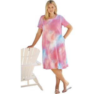 Woman Within Plus Size Perfect Short-Sleeve Crewneck Tee Dress(Peony Petal Tie Dye)