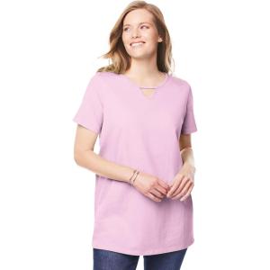 Woman Within Plus Size Perfect Short-Sleeve Keyhole Tee(Pink)