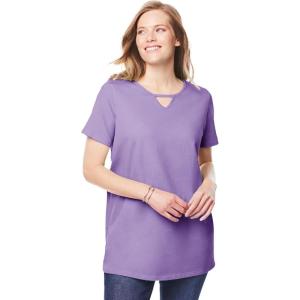 Woman Within Plus Size Perfect Short-Sleeve Keyhole Tee(Soft Iris)