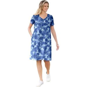 Woman Within Plus Size Perfect Short-Sleeve V-Neck Tee Dress(Royal Navy Tie Dye)