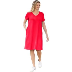 Woman Within Plus Size Perfect Short-Sleeve V-Neck Tee Dress(Vivid Red)