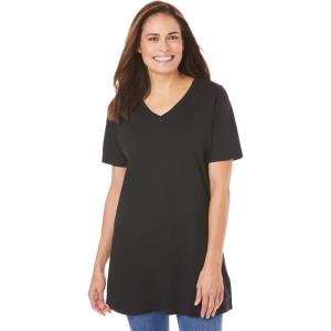 Woman Within Plus Size Perfect Short-Sleeve V-Neck Tunic(Black)