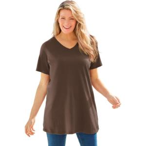 Woman Within Plus Size Perfect Short-Sleeve V-Neck Tunic(Chocolate)