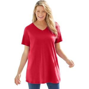 Woman Within Plus Size Perfect Short-Sleeve V-Neck Tunic(Classic Red)