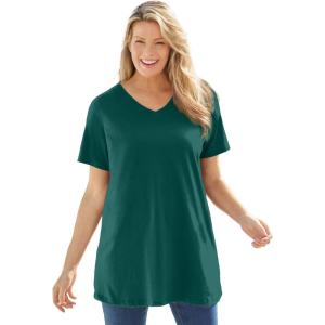 Woman Within Plus Size Perfect Short-Sleeve V-Neck Tunic(Emerald Green)