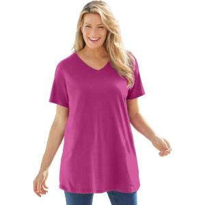 Woman Within Plus Size Perfect Short-Sleeve V-Neck Tunic(Raspberry)