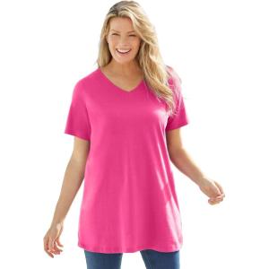 Woman Within Plus Size Perfect Short-Sleeve V-Neck Tunic(Raspberry Sorbet)