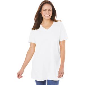 Woman Within Plus Size Perfect Short-Sleeve V-Neck Tunic(White)