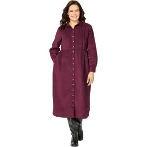 Woman Within Plus Size Petite Button Front Corduroy Dress(Deep Claret)