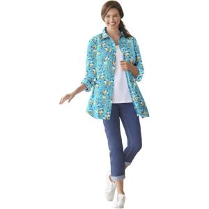 Woman Within Plus Size Petite Perfect Long Sleeve Shirt(Aquamarine Pretty Bloom)
