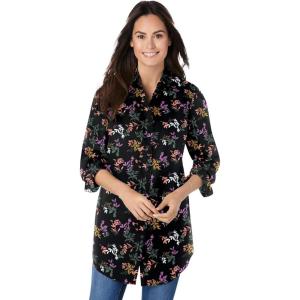 Woman Within Plus Size Petite Perfect Long Sleeve Shirt(Black Multi Leaves)