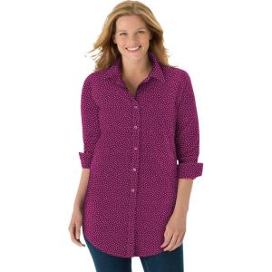 Woman Within Plus Size Petite Perfect Long Sleeve Shirt(Deep Claret Allover Dot)