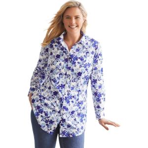 Woman Within Plus Size Petite Perfect Long Sleeve Shirt(Ultra Blue Shadow Floral)